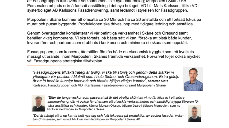Fasadgruppen övertar Murpoolen i Skåne