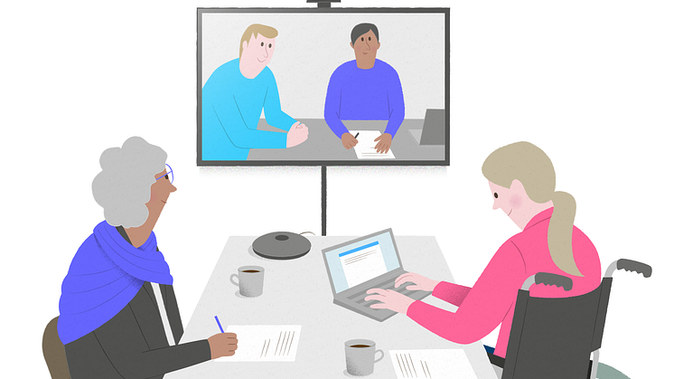 Möten över videolänk är ett av många exempel på digital teknik som kan förenkla ett självständigt liv för personer med funktionsnedsättning. Illustration: Åsa Klingberg.