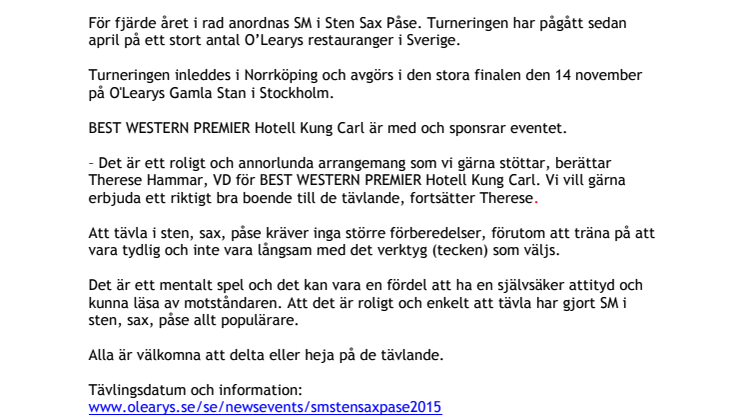 BEST WESTERN PREMIER Hotell Kung Carl sponsrar SM i sten, sax, påse!