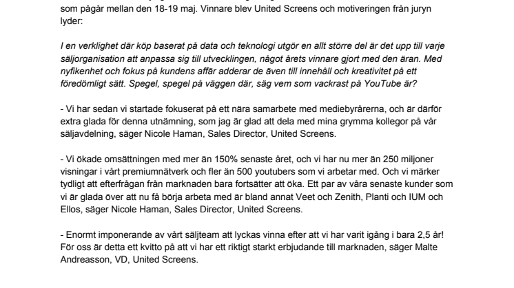 United Screens säljteam utsedda till Sveriges bästa säljorganisation av Stockholm Media Week