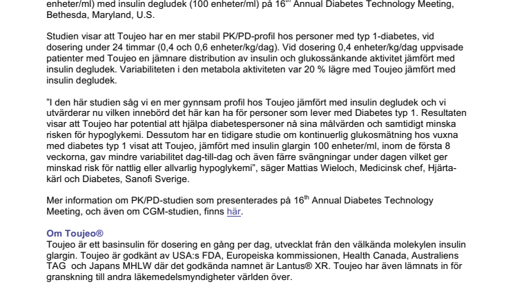 Toujeo® uppvisar mer stabilitet och lägre variabilitet i en farmakologisk studie jämfört med insulin degludek hos personer med typ 1-diabetes