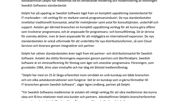 Föreningen Swedish Software och advokatfirman Delphi tar fram nya standardavtal för  IT-marknaden 