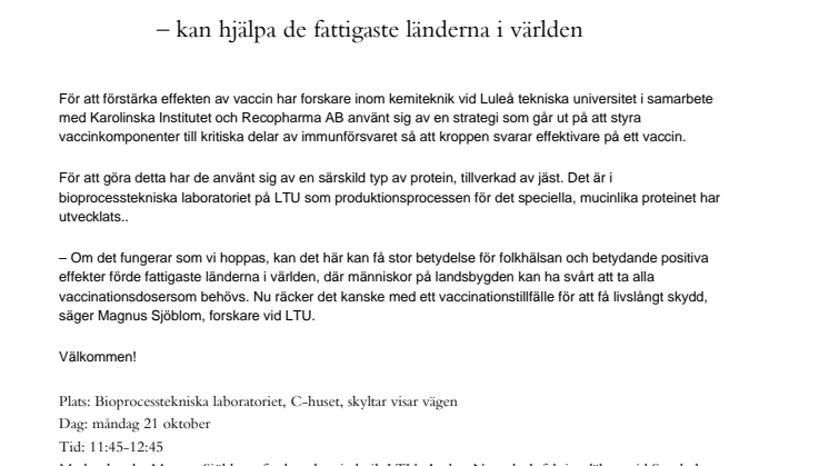 Pressinbjudan - Jäst bakom effektivare vaccin som kan hjälpa de fattigaste länderna i världen