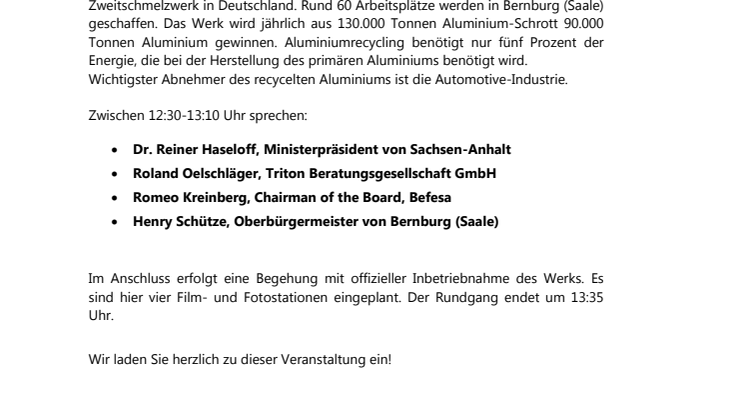 offizielle Inbetriebnahme des 1. BEFESA-Werkes in Deutschland