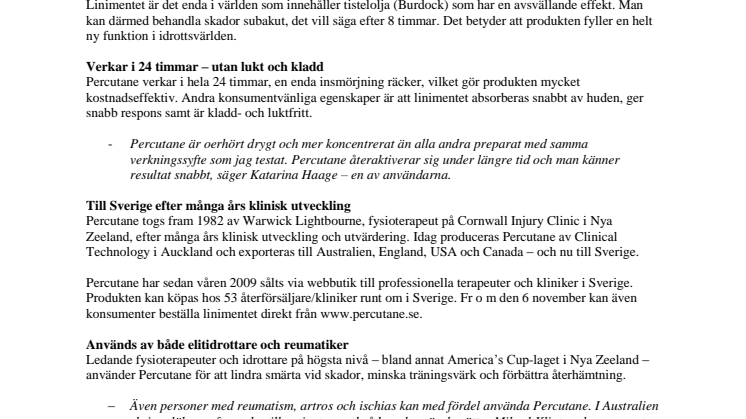 LINIMENT FRÅN NYA ZEALAND - PERCUTANE LANSERAS FÖR SVENSKA KONSUMENTER