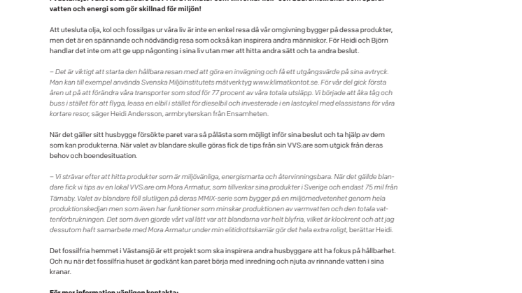 Mora Armatur tar plats i Heidi Anderssons fossilfria hem