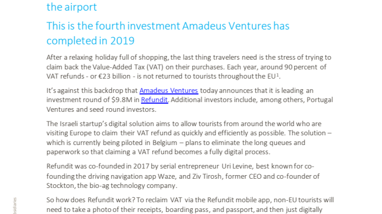 Amadeus investerar i Refundit för enklare återbetalning av resenärers moms 