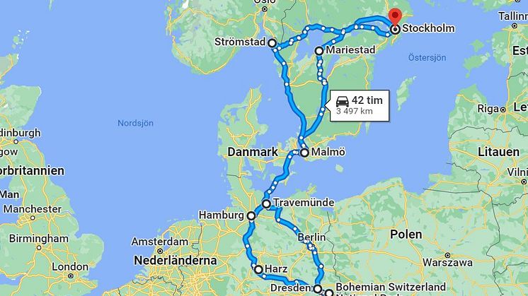 Kartbild över planerad resa 2022