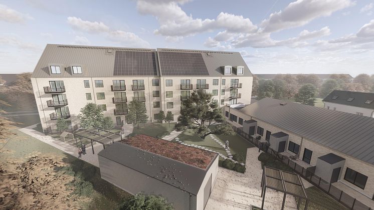 Tirfing kommer att byggas som två byggnader i vinkel med 42 hyresrätter i den högre byggnaden och 6 servicelägenheter i den lägre. På den grönskande innergården kommer bland annat en ovanlig svarttall att bevaras. Illustration:
