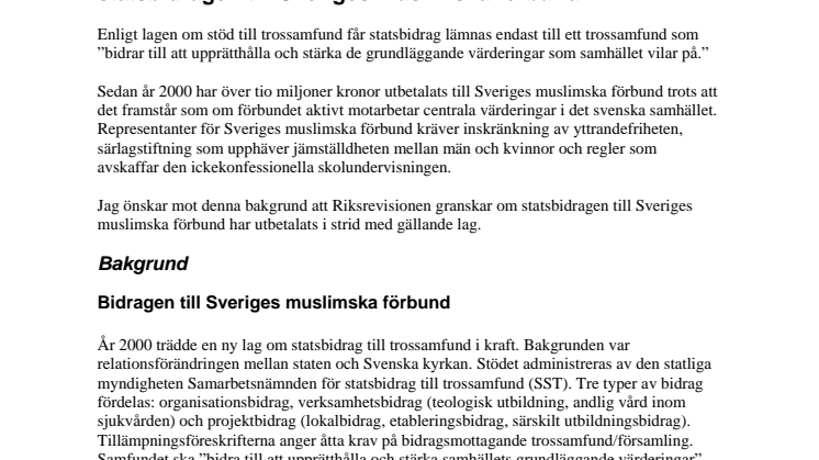 Fp anmäler Sveriges muslimska förbunds statsbidrag till Riksrevisionen