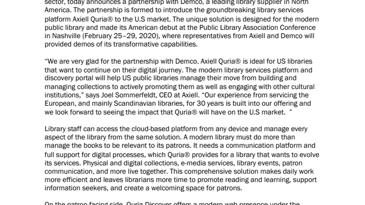 Axiell partners with Demco and enters the U.S with next-generation library services platform 