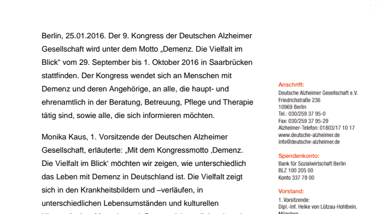 „Demenz. Die Vielfalt im Blick“ - 9. Kongress der Deutschen Alzheimer Gesellschaft, 29.9.-1.10.2016 in Saarbrücken  