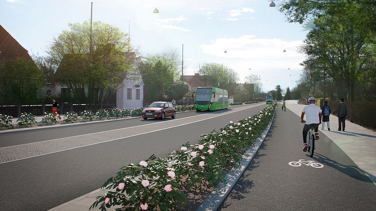 Visionsbild föreställande separerad cykelbana och rosenbuskar på Erikslustvägen i höjd med Stjärnplan. Illustration: Sweco