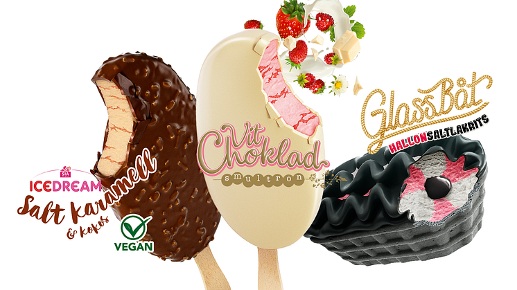 Ice Dream Saltkaramell & Kokos, Vit Choklad Smultron, Glassbåt HallonSaltlakrits