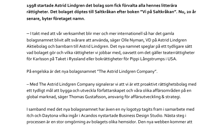 Astrid Lindgrens rättighetsbolag byter namn: Saltkråkan AB blir Astrid Lindgren Aktiebolag