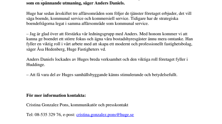 Huge Fastigheter förstärker med affärsområdeschef för Boende