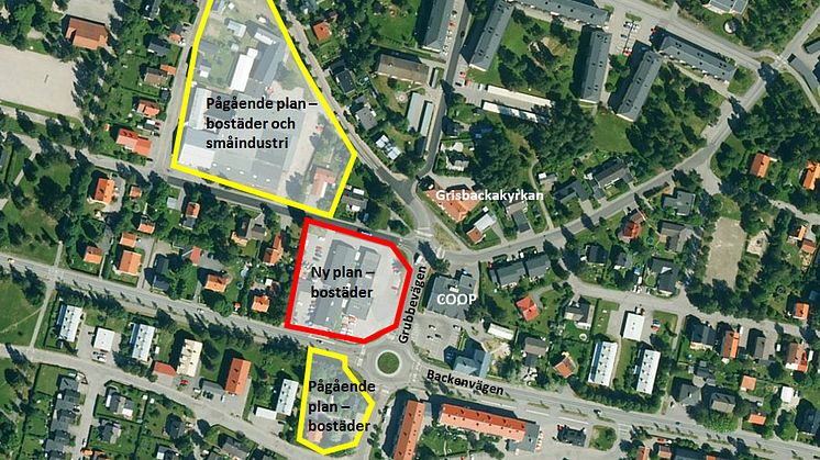 Ungefärligt planområde. Här låg tidigare bensinstation, bilbutik och just nu Mekonomen. Norr om planområdet pågår en annan detaljplan (Almen 2 mfl) och på andra sidan Backenvägen pågår detaljplanen Kattfoten 6.