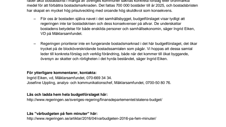 ​Mäklarsamfundet kommenterar vårbudgeten 2016