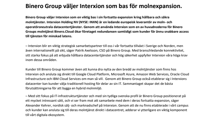 Binero Group väljer Interxion som bas för molnexpansion