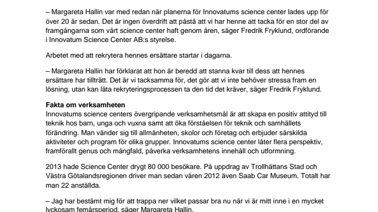 Margareta Hallin slutar på Innovatum