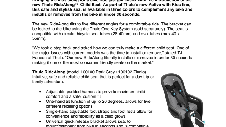 Thule Introduces Intuitive, Safe and Stylish Child Seat with Revolutionary Lockable Mounting Bracket as Part of the New Thule Active with Kids Product Line