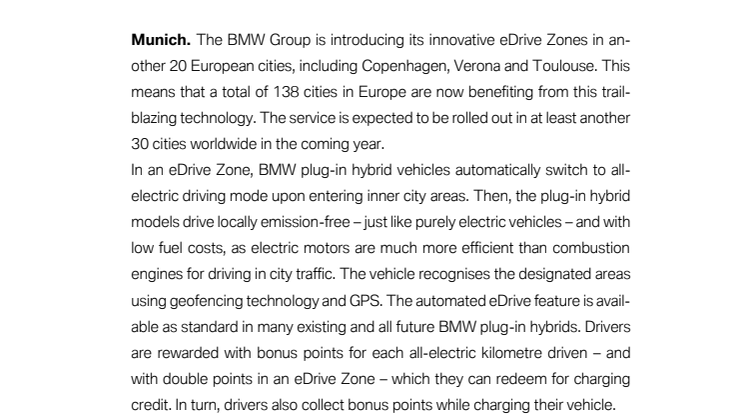 Pressemeddelelse fra BMW Group vedr. udrulning af BMW eDrive-zoner (engelsk)