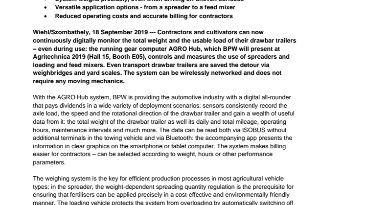Agriculture 4.0: Total transparency in driving, loading, spreading, feeding and weighing with the BPW AGRO Hub weighing system