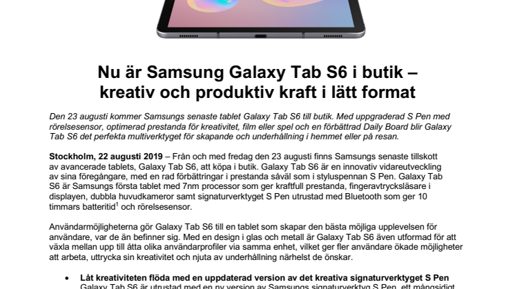 Nu är Samsung Galaxy Tab S6 i butik – kreativ och produktiv kraft i lätt format