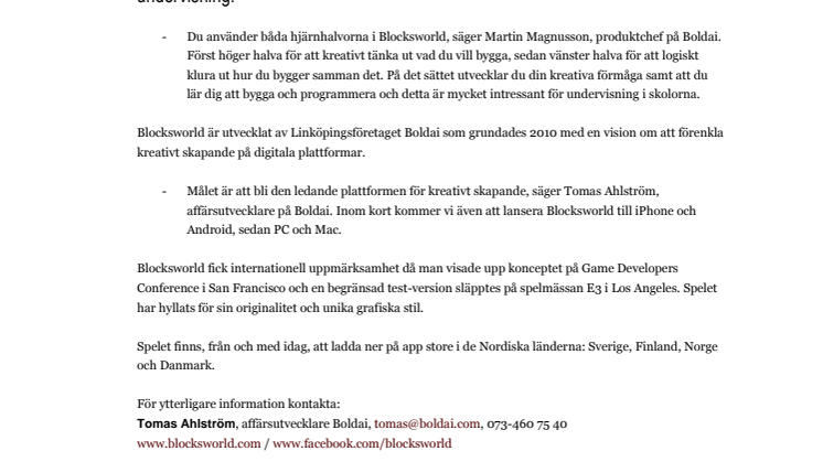 Succéspelet Blocksworld lanseras i Norden idag!