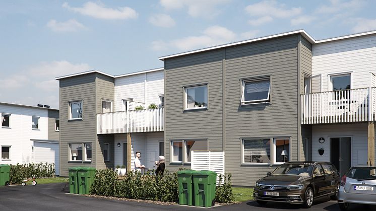 Illustration av framsida och uppfart mot gatan, BoKlok Neptunus. 
