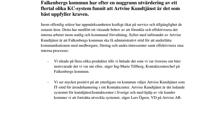 Falkenbergs kommun väljer Artvise Kundtjänst för sitt kontaktcenter!