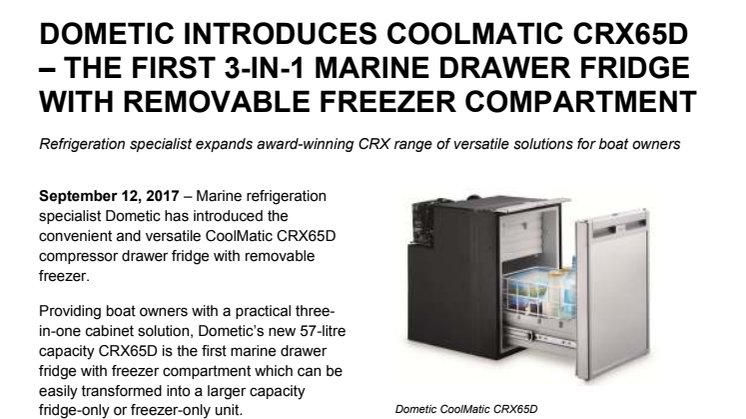 Dometic Introduces Coolmatic CRX65D – The First 3-In-1 Marine Drawer Fridge with Removable Freezer Compartment