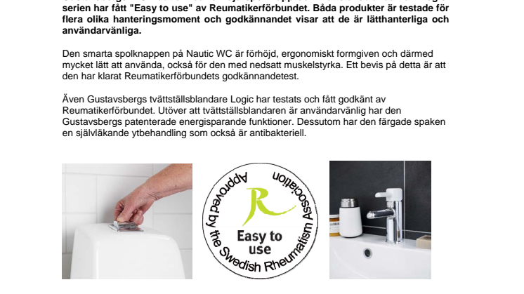 Gustavsbergs smarta spolknapp och energisparande blandare godkända av Reumatikerförbundet