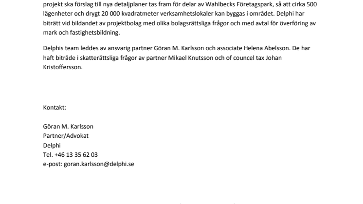 Delphi biträder AB Stångåstaden och Fastighets AB Sankt Kors vid byggprojekt i Linköping