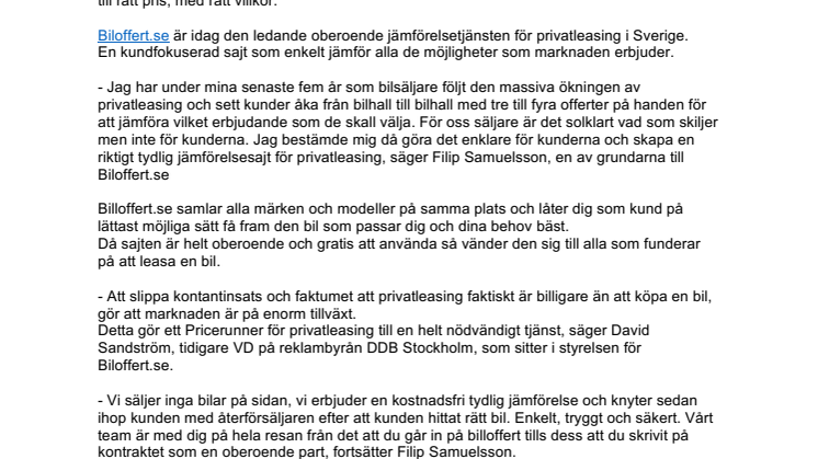 Privatleasing upp 81% – nu finns branschens Pricerunner för leasingbilar på nätet - Biloffert.se