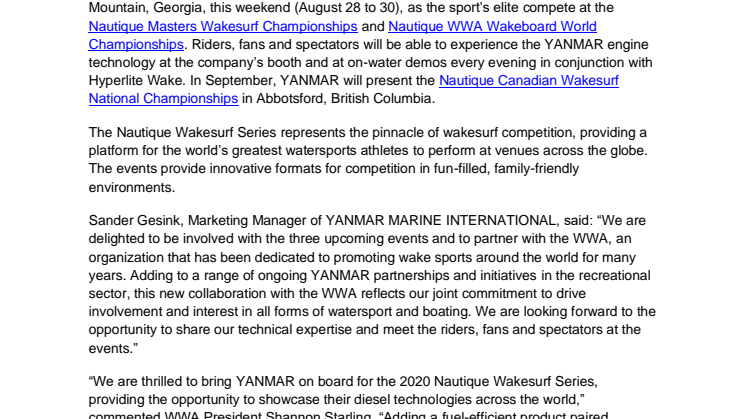 YANMAR Supports 2020 WWA Events as New Global Partner