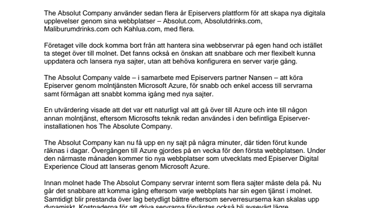 The Absolut Company flyttar alla sajter till molnet genom Episerver och Microsoft Azure