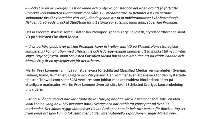 Jan Prokopec blir ny VD för Blocket – Martin Frey får internationellt toppjobb inom Schibsted