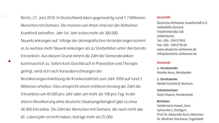 Neues Informationsblatt der Deutschen Alzheimer Gesellschaft:  Alle 100 Sekunden erkrankt in Deutschland ein Mensch an Demenz