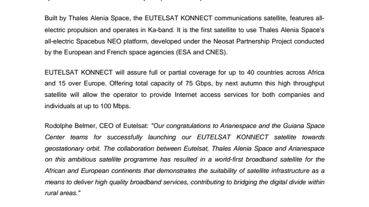 Successful launch of EUTELSAT KONNECT