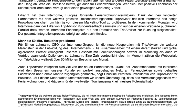 Interhome steigert dank TripAdvisor das Marketingpotenzial von Ferienwohnungen