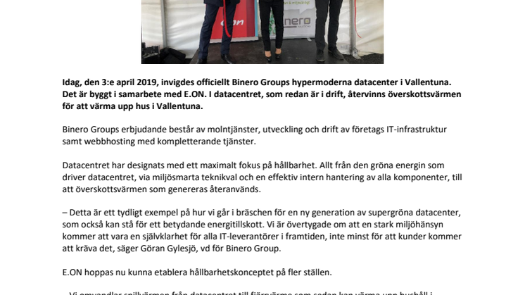 Binero Group och E.ON inviger miljösmart datacenter i Vallentuna