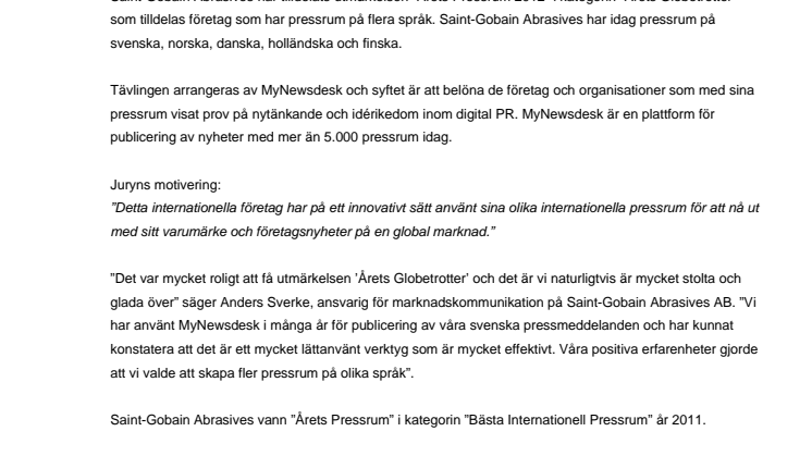 Saint-Gobain Abrasives vinnare av Årets Pressrum 2012