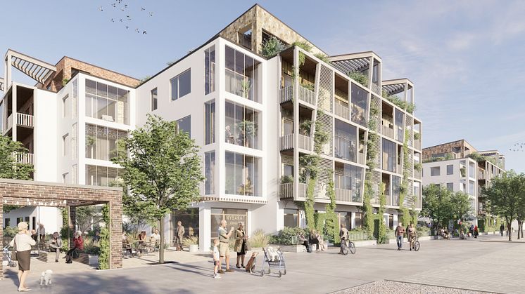 Visionsbild på Lund Najaden 1 och intilliggande gångstråk. Illustration: Riksbyggen