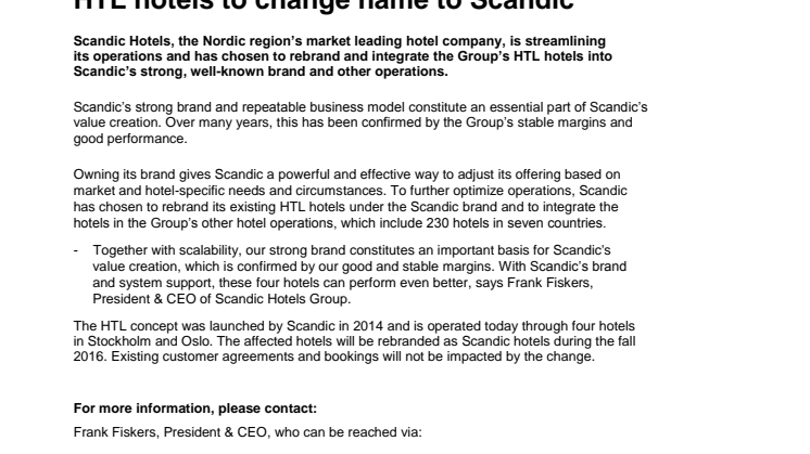 HTL hotels to change name to Scandic