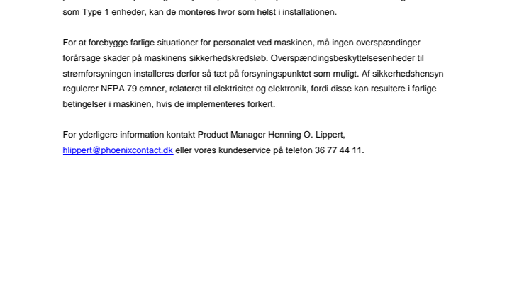 Overspændingsbeskyttelse er obligatorisk ifølge NFPA 79 (Edition 2018)