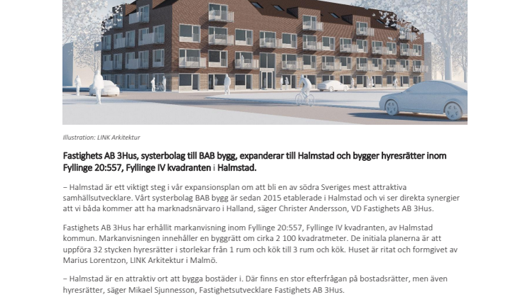 Fastighets AB 3Hus expanderar till Halmstad och bygger hyresrätter i Fyllinge