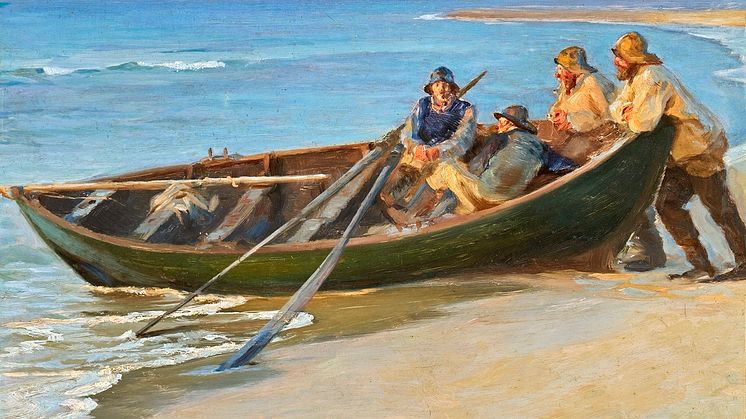 P. S. Krøyer- Fiskere ved en båd på Skagen Nordstrand. Sign. S. Krøyer Skagen 91. Olie på træ. 31 × 41.jpeg