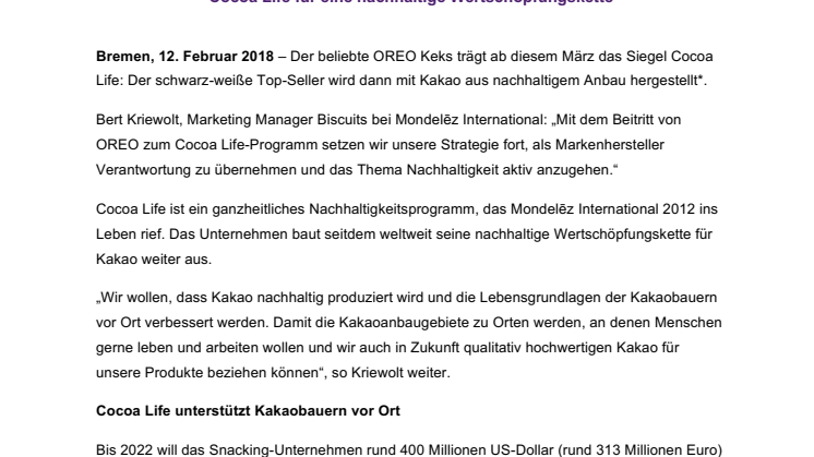 Cocoa Life-Siegel: Ab März 2018 wird OREO mit nachhaltig angebautem Kakao produziert