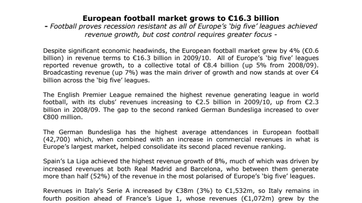 Annual Review Football Finance - engelsk pressrelease